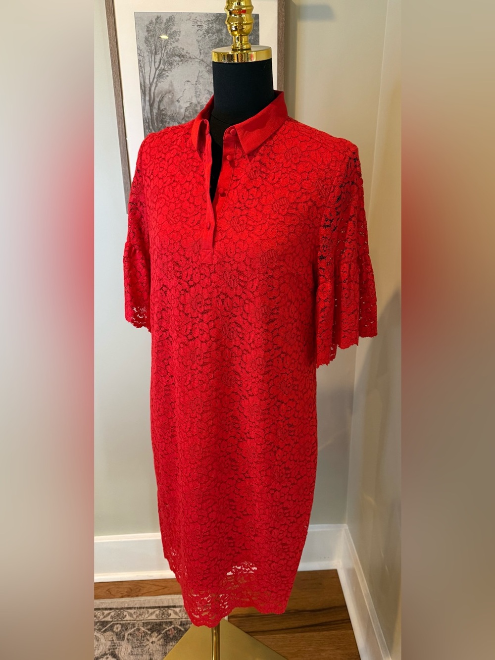 Banana Republic Red Lace Shift Dress Collared Bell Sleeve Size M